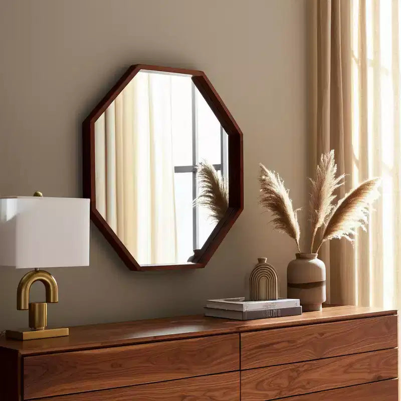 Miroir mural moderne à cadre en bois – Octogonal 76 cm – Décoration pour la maison, le bureau, la chambre ou le salon