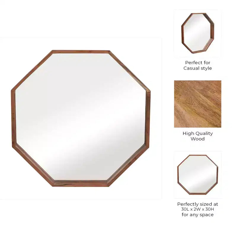 Miroir mural moderne à cadre en bois – Octogonal 76 cm – Décoration pour la maison, le bureau, la chambre ou le salon