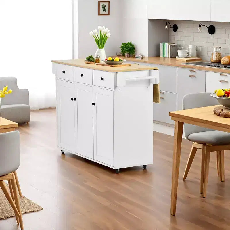 Dessin d'îlot de cuisine mobile avec abattant pliant, meuble de rangement de cuisine de 115 cm de large sur roues, table de préparation roulante peu encombrante, blanc