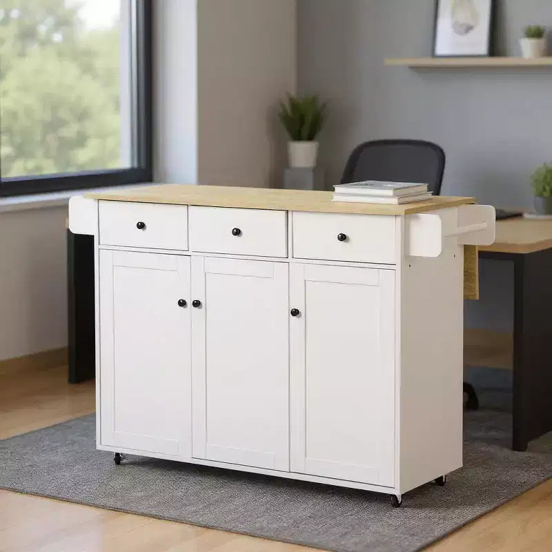 Dessin d'îlot de cuisine mobile avec abattant pliant, meuble de rangement de cuisine de 115 cm de large sur roues, table de préparation roulante peu encombrante, blanc