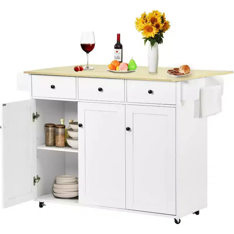 Dessin d'îlot de cuisine mobile avec abattant pliant, meuble de rangement de cuisine de 115 cm de large sur roues, table de préparation roulante peu encombrante, blanc