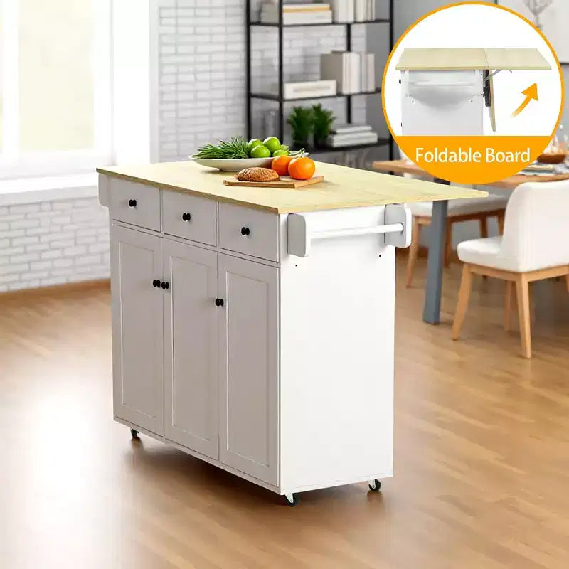 Dessin d'îlot de cuisine mobile avec abattant pliant, meuble de rangement de cuisine de 115 cm de large sur roues, table de préparation roulante peu encombrante, blanc