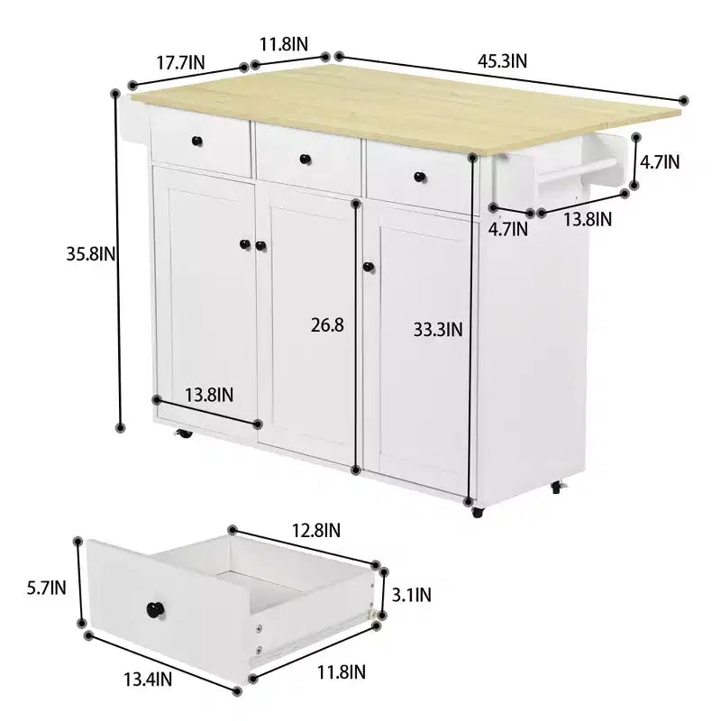 Dessin d'îlot de cuisine mobile avec abattant pliant, meuble de rangement de cuisine de 115 cm de large sur roues, table de préparation roulante peu encombrante, blanc