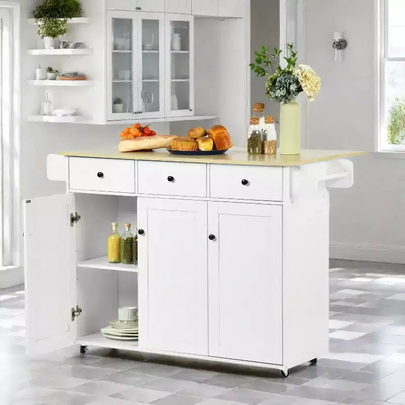 Dessin d'îlot de cuisine mobile avec abattant pliant, meuble de rangement de cuisine de 115 cm de large sur roues, table de préparation roulante peu encombrante, blanc