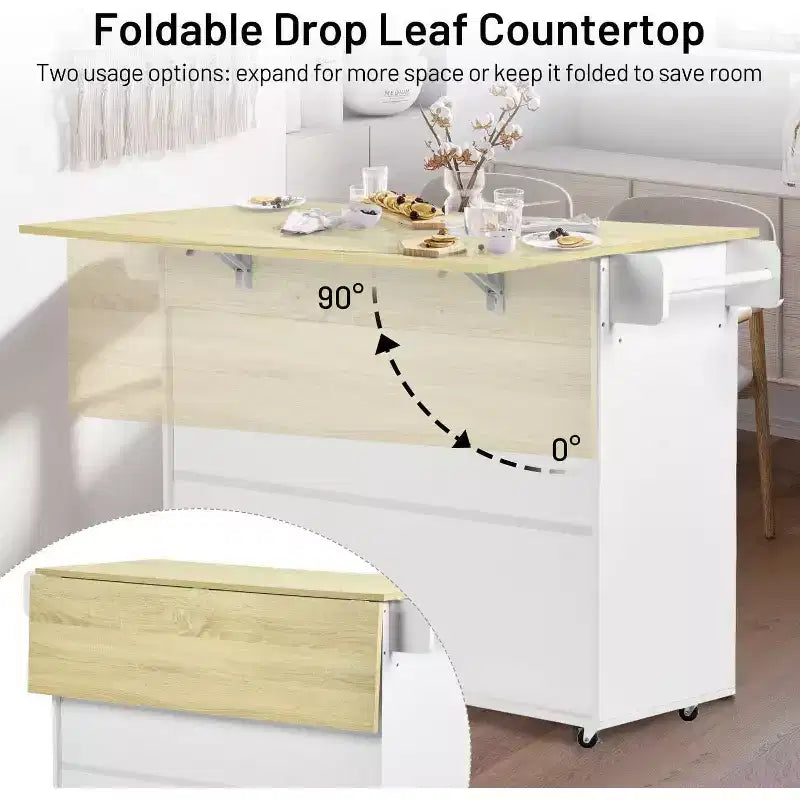 Dessin d'îlot de cuisine mobile avec abattant pliant, meuble de rangement de cuisine de 115 cm de large sur roues, table de préparation roulante peu encombrante, blanc