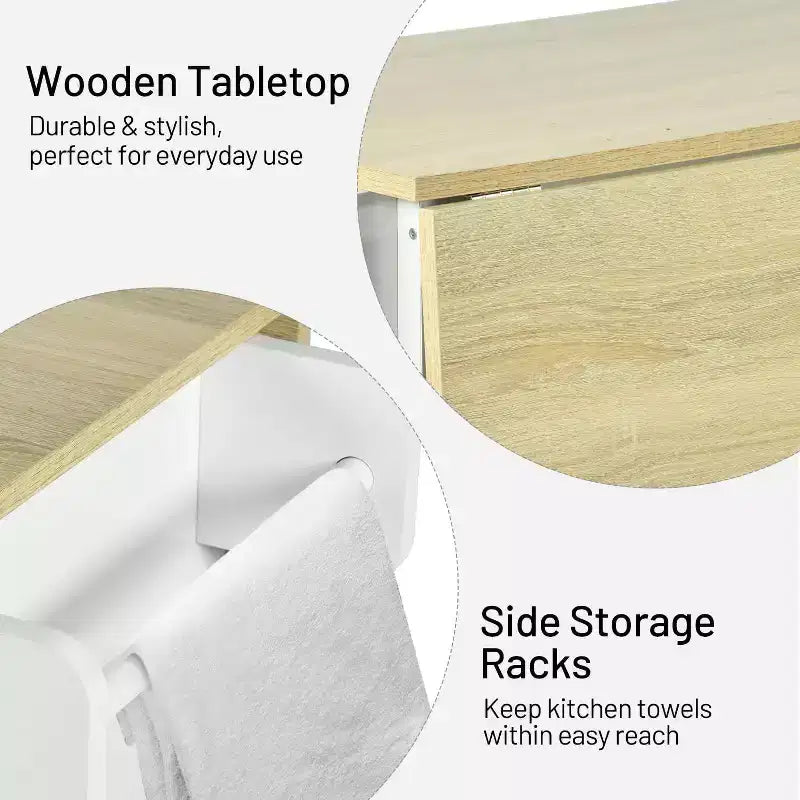 Dessin d'îlot de cuisine mobile avec abattant pliant, meuble de rangement de cuisine de 115 cm de large sur roues, table de préparation roulante peu encombrante, blanc