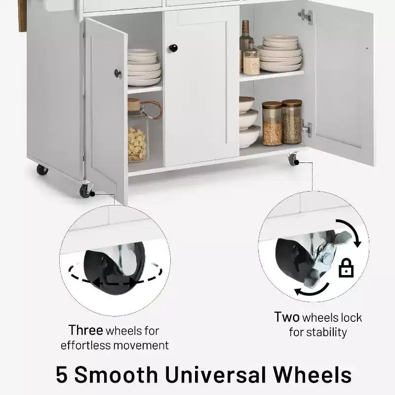 Dessin d'îlot de cuisine mobile avec abattant pliant, meuble de rangement de cuisine de 115 cm de large sur roues, table de préparation roulante peu encombrante, blanc
