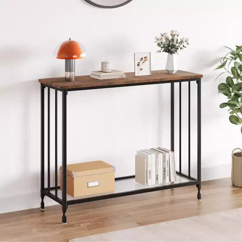 Console industrielle à 2 niveaux avec étagère en verre (marron rustique, pour salon/entrée/chambre)