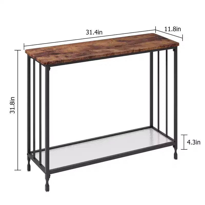 Console industrielle à 2 niveaux avec étagère en verre (marron rustique, pour salon/entrée/chambre)