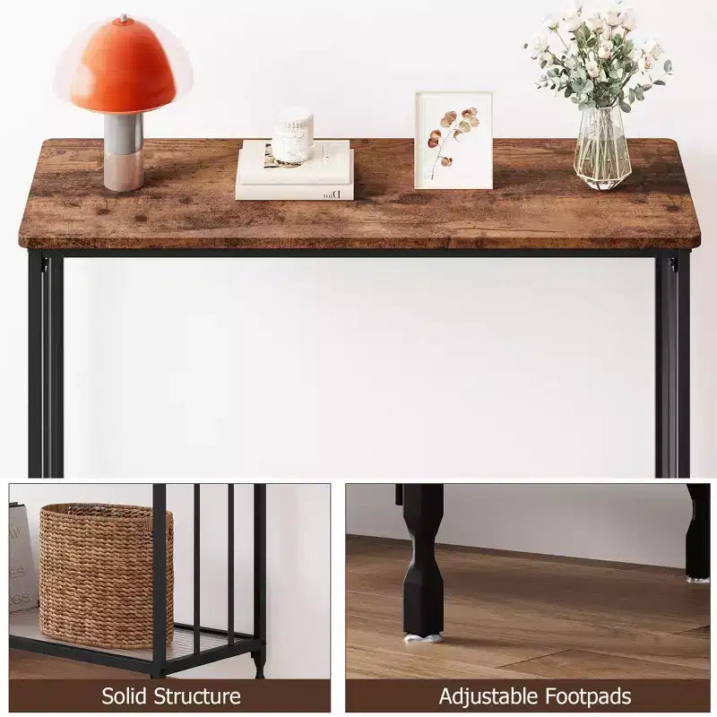 Console industrielle à 2 niveaux avec étagère en verre (marron rustique, pour salon/entrée/chambre)