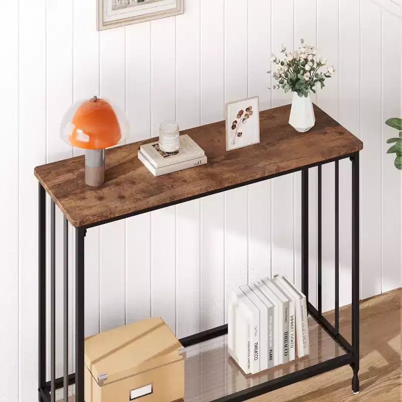 Console industrielle à 2 niveaux avec étagère en verre (marron rustique, pour salon/entrée/chambre)