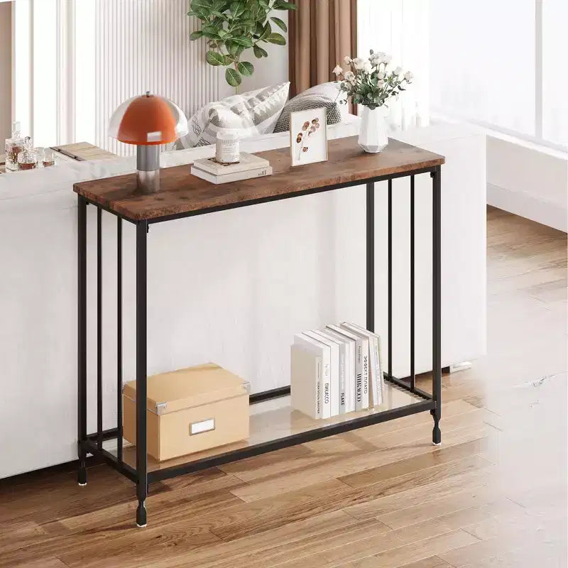 Console industrielle à 2 niveaux avec étagère en verre (marron rustique, pour salon/entrée/chambre)