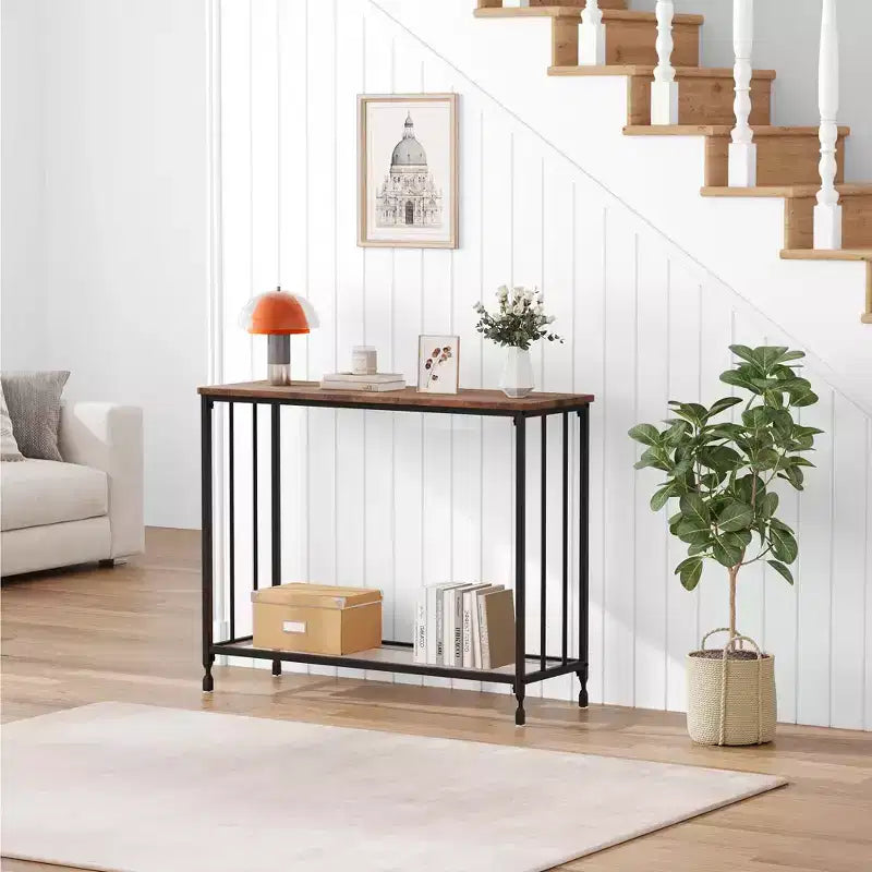 Console industrielle à 2 niveaux avec étagère en verre (marron rustique, pour salon/entrée/chambre)