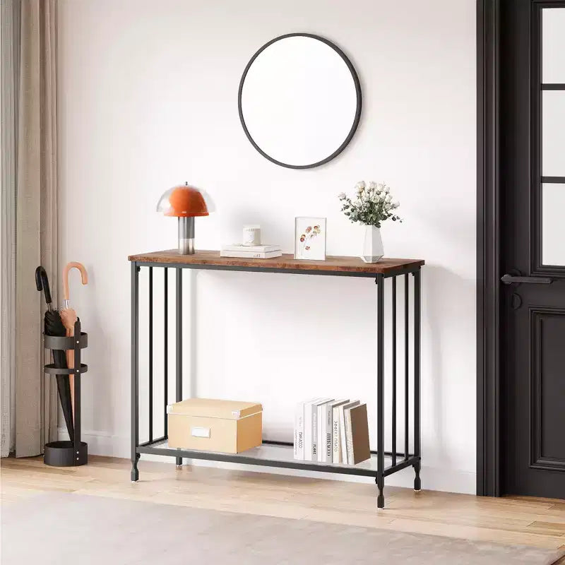 Console industrielle à 2 niveaux avec étagère en verre (marron rustique, pour salon/entrée/chambre)