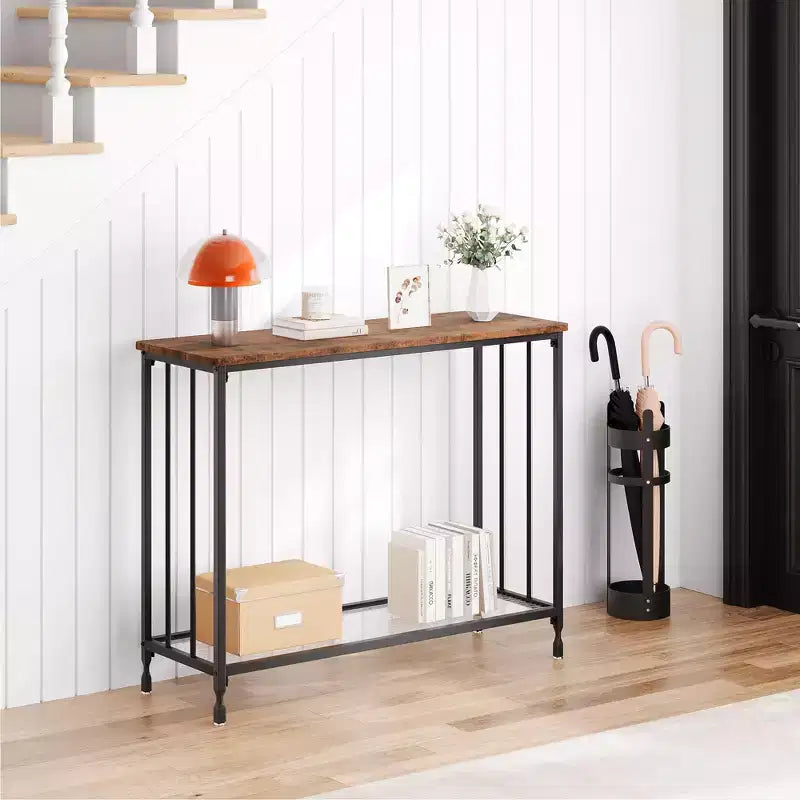 Console industrielle à 2 niveaux avec étagère en verre (marron rustique, pour salon/entrée/chambre)