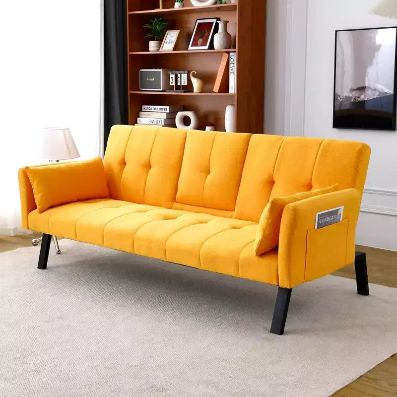 Canapé-lit multifonctionnel en coton de 70 pouces avec porte-gobelet et rangement latéral pour salon et chambre à coucher, jaune
