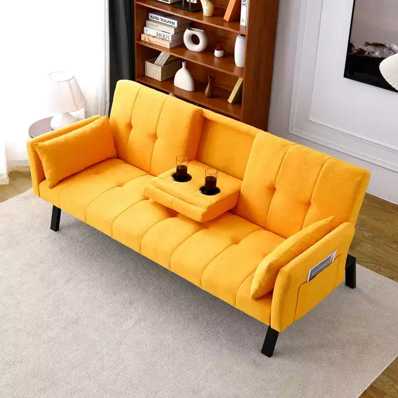 Canapé-lit multifonctionnel en coton de 70 pouces avec porte-gobelet et rangement latéral pour salon et chambre à coucher, jaune