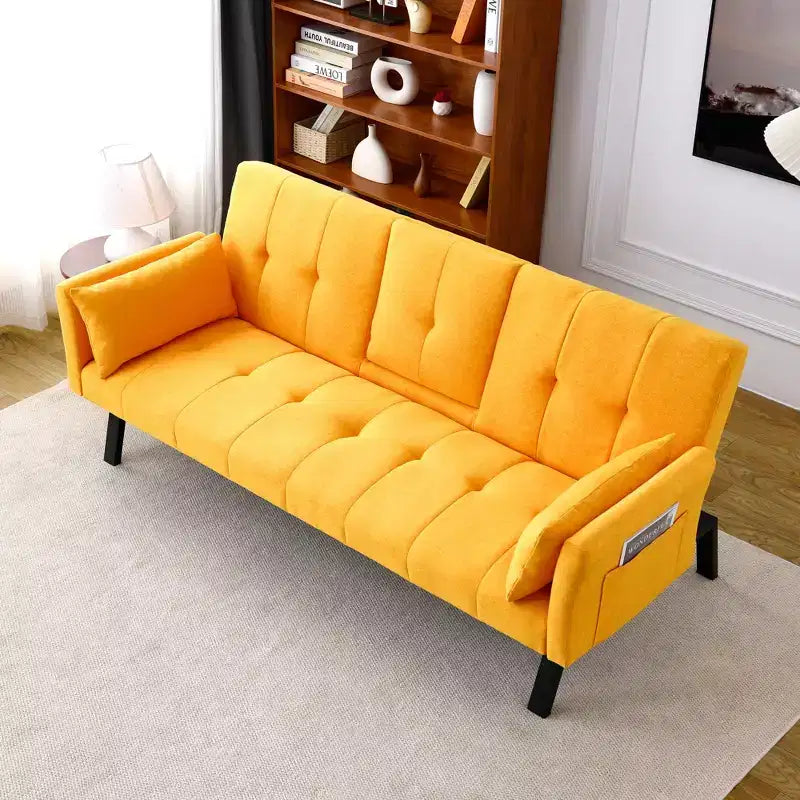 Canapé-lit multifonctionnel en coton de 70 pouces avec porte-gobelet et rangement latéral pour salon et chambre à coucher, jaune