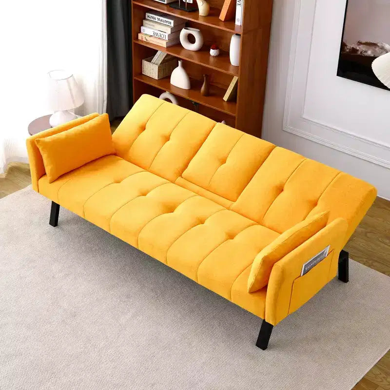 Canapé-lit multifonctionnel en coton de 70 pouces avec porte-gobelet et rangement latéral pour salon et chambre à coucher, jaune