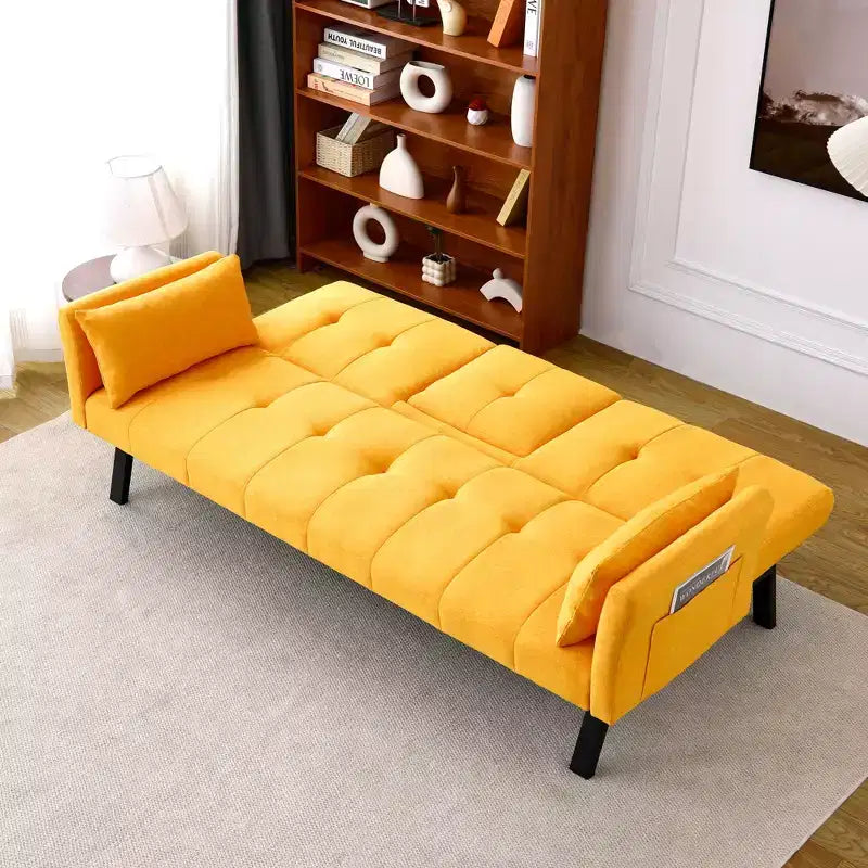 Canapé-lit multifonctionnel en coton de 70 pouces avec porte-gobelet et rangement latéral pour salon et chambre à coucher, jaune