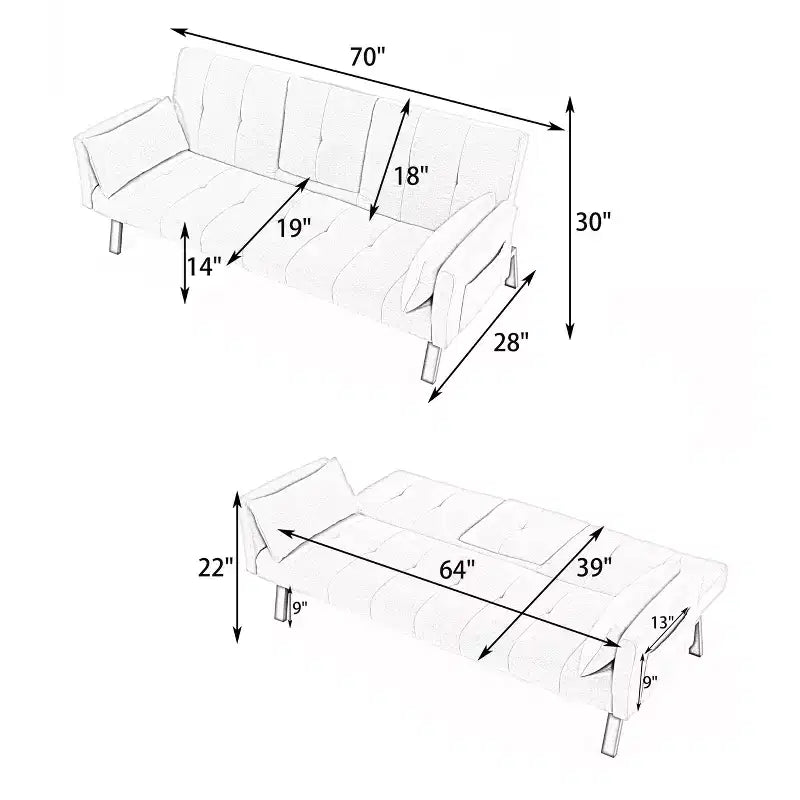 Canapé-lit multifonctionnel en coton de 70 pouces avec porte-gobelet et rangement latéral pour salon et chambre à coucher, jaune