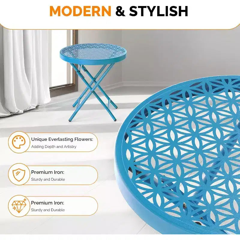 Table d'appoint pliante de patio, petite table d'extérieur avec motif floral et cadre en métal robuste en forme de X, bleu, 1 paquet