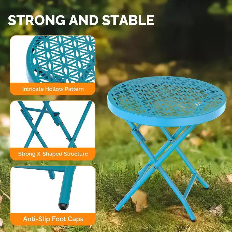Table d'appoint pliante de patio, petite table d'extérieur avec motif floral et cadre en métal robuste en forme de X, bleu, 1 paquet