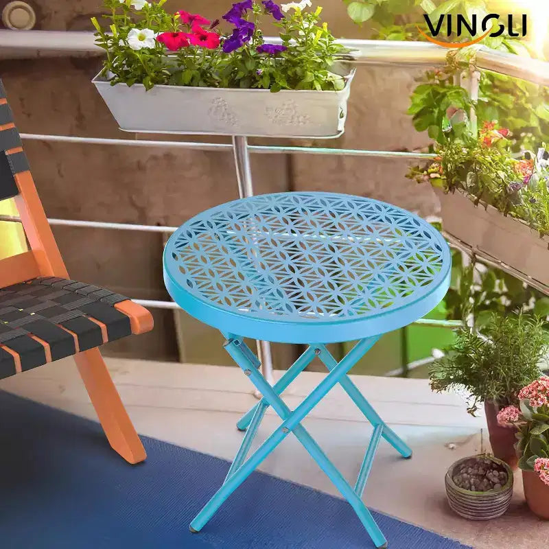 Table d'appoint pliante de patio, petite table d'extérieur avec motif floral et cadre en métal robuste en forme de X, bleu, 1 paquet
