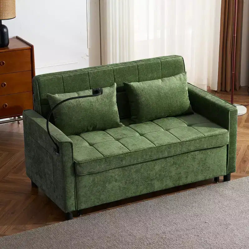 Canapé deux places convertible de 56,9 pouces avec coussin de dossier réversible, poches latérales, support de téléphone pour salon, vert