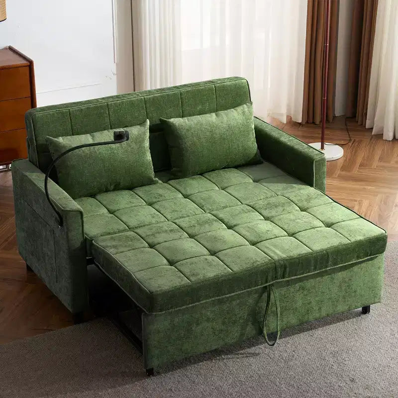 Canapé deux places convertible de 56,9 pouces avec coussin de dossier réversible, poches latérales, support de téléphone pour salon, vert