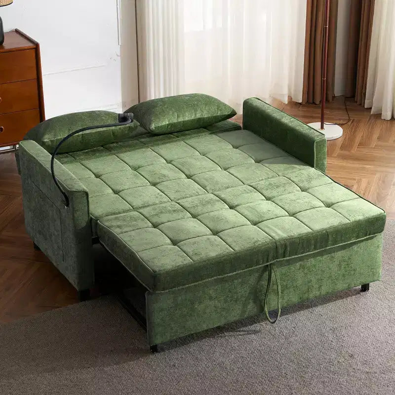 Canapé deux places convertible de 56,9 pouces avec coussin de dossier réversible, poches latérales, support de téléphone pour salon, vert