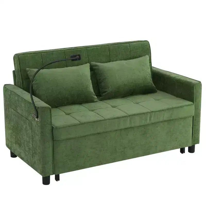 Canapé deux places convertible de 56,9 pouces avec coussin de dossier réversible, poches latérales, support de téléphone pour salon, vert