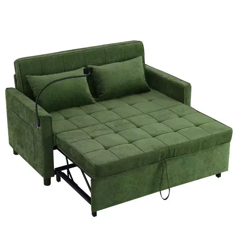Canapé deux places convertible de 56,9 pouces avec coussin de dossier réversible, poches latérales, support de téléphone pour salon, vert