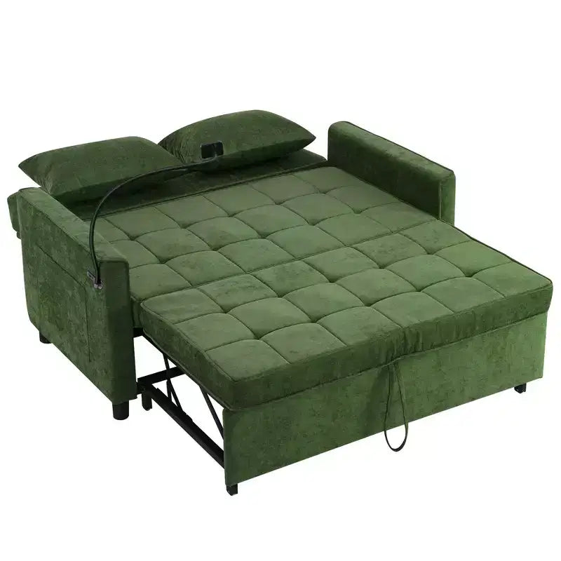 Canapé deux places convertible de 56,9 pouces avec coussin de dossier réversible, poches latérales, support de téléphone pour salon, vert