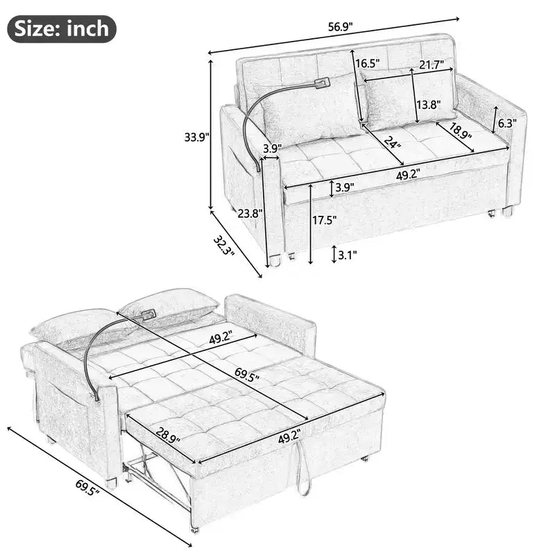 Canapé deux places convertible de 56,9 pouces avec coussin de dossier réversible, poches latérales, support de téléphone pour salon, vert