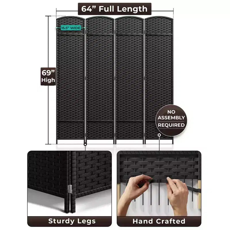 Paravent 4 pans, grande largeur 1,80 m, panneaux à double charnière – Séparateur de pièce pliable