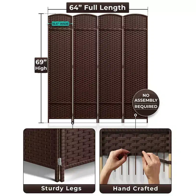 Paravent 4 pans, grande largeur 1,80 m, panneaux à double charnière – Séparateur de pièce pliable