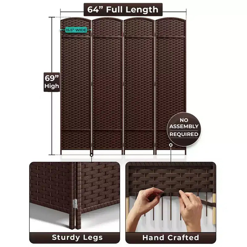 Paravent 4 pans, grande largeur 1,80 m, panneaux à double charnière – Séparateur de pièce pliable