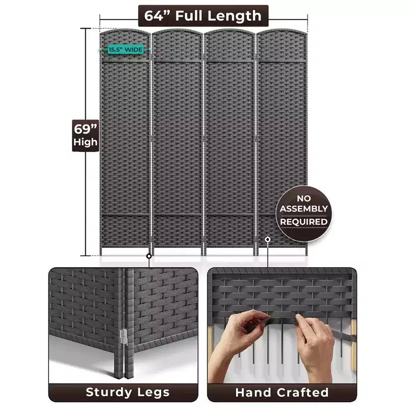 Paravent 4 pans, grande largeur 1,80 m, panneaux à double charnière – Séparateur de pièce pliable
