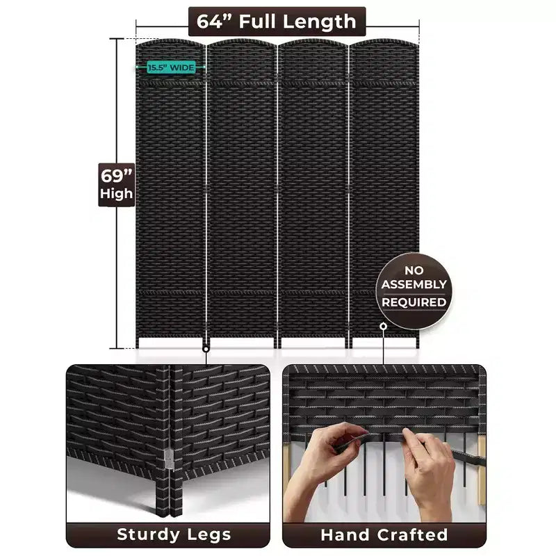Paravent 4 pans, grande largeur 1,80 m, panneaux à double charnière – Séparateur de pièce pliable