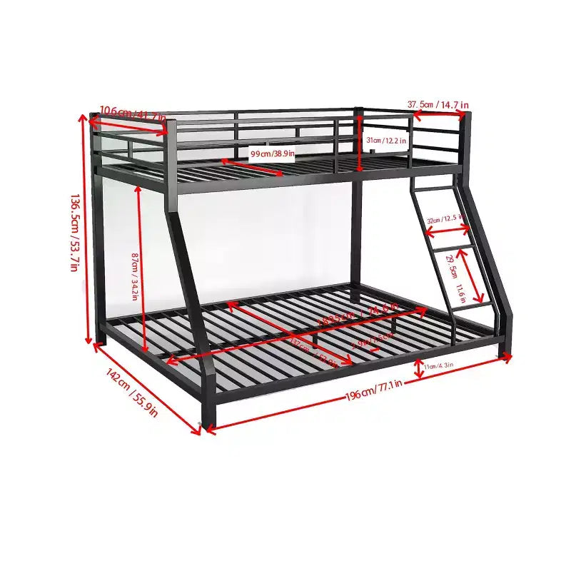 Lit superposé double en métal pour enfants et adultes, avec barrière de sécurité et échelle, noir