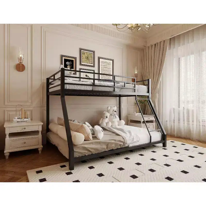 Lit superposé double en métal pour enfants et adultes, avec barrière de sécurité et échelle, noir