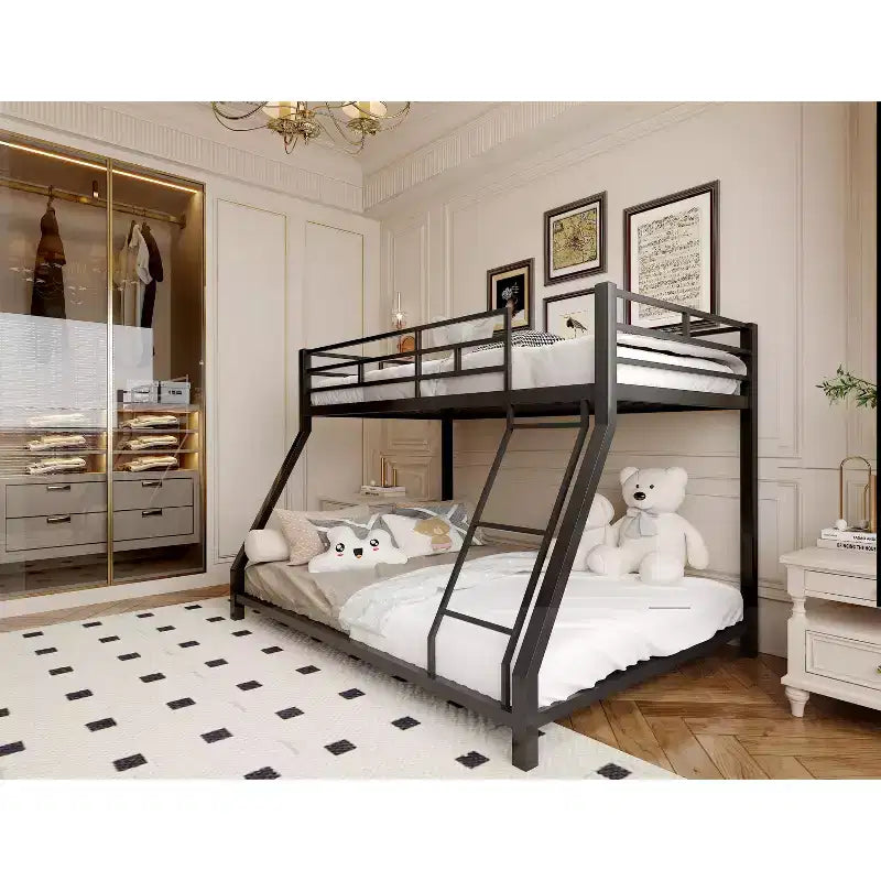Lit superposé double en métal pour enfants et adultes, avec barrière de sécurité et échelle, noir