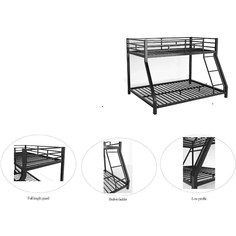 Lit superposé double en métal pour enfants et adultes, avec barrière de sécurité et échelle, noir