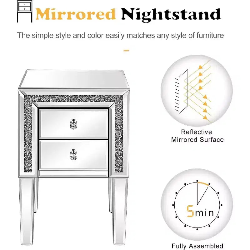 Table de chevet miroir avec tiroir, Table d'appoint en verre miroir argenté, Paillettes diamantées