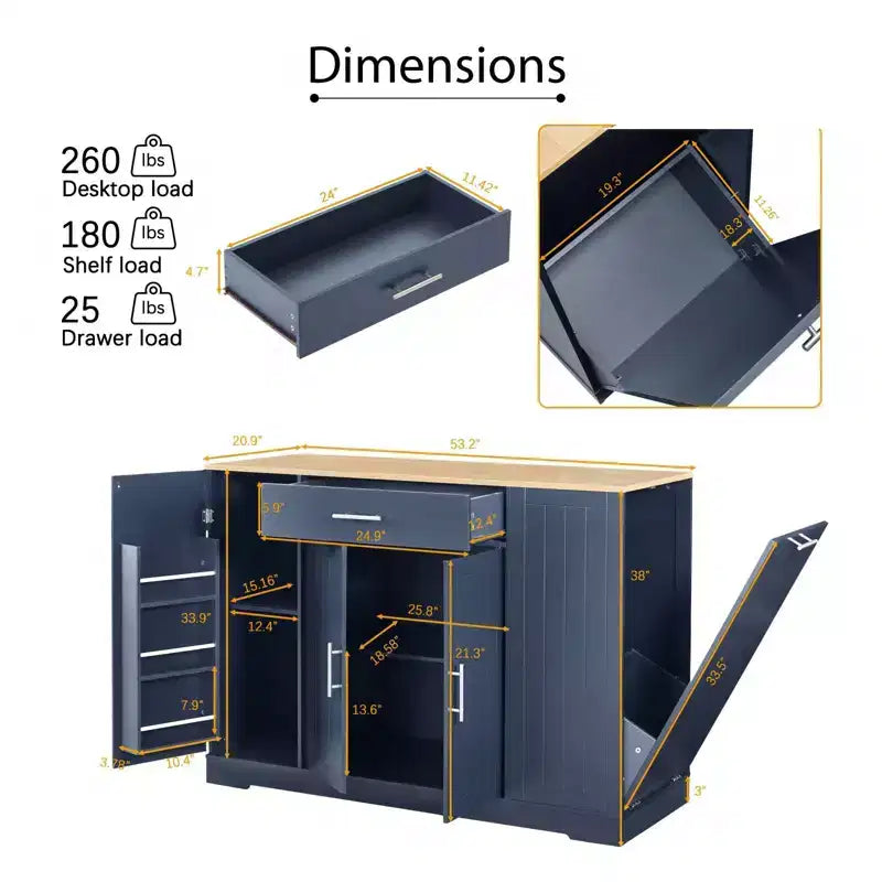 Îlot de Cuisine avec Portes et Tiroir Central et Rangement Poubelle, Buffet de Rangement pour Cuisine, Salle à Manger