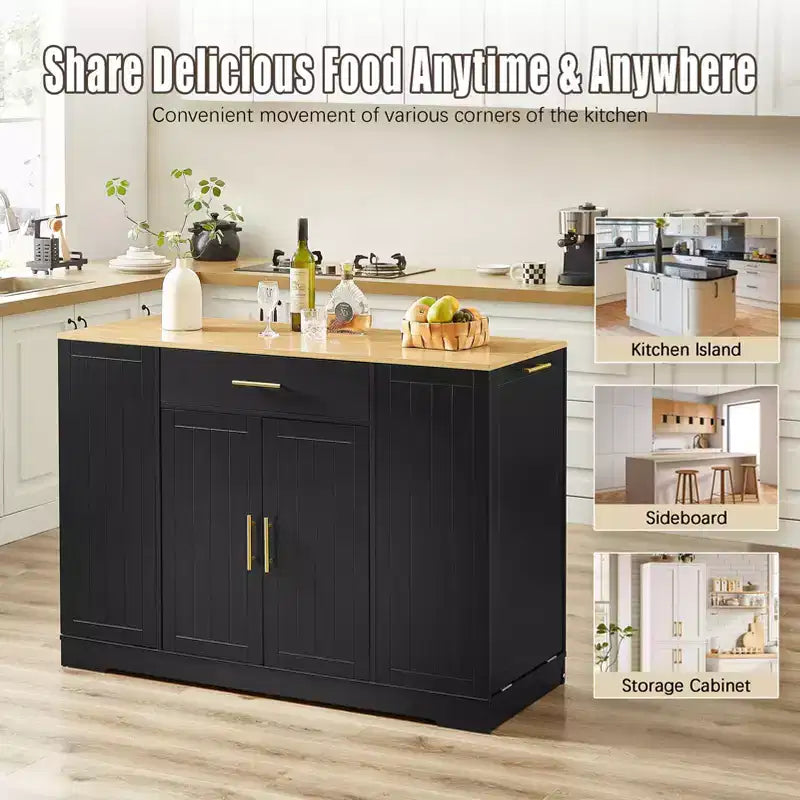 Îlot de Cuisine avec Portes et Tiroir Central et Rangement Poubelle, Buffet de Rangement pour Cuisine, Salle à Manger