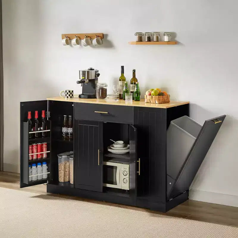 Îlot de Cuisine avec Portes et Tiroir Central et Rangement Poubelle, Buffet de Rangement pour Cuisine, Salle à Manger