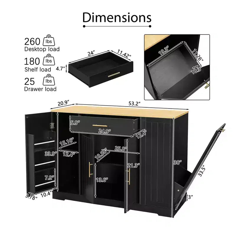 Îlot de Cuisine avec Portes et Tiroir Central et Rangement Poubelle, Buffet de Rangement pour Cuisine, Salle à Manger