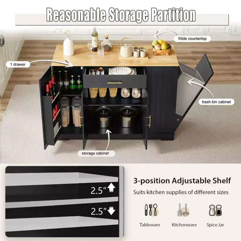 Îlot de Cuisine avec Portes et Tiroir Central et Rangement Poubelle, Buffet de Rangement pour Cuisine, Salle à Manger